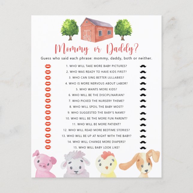 Farm - mummy or daddy baby shower game (Front)