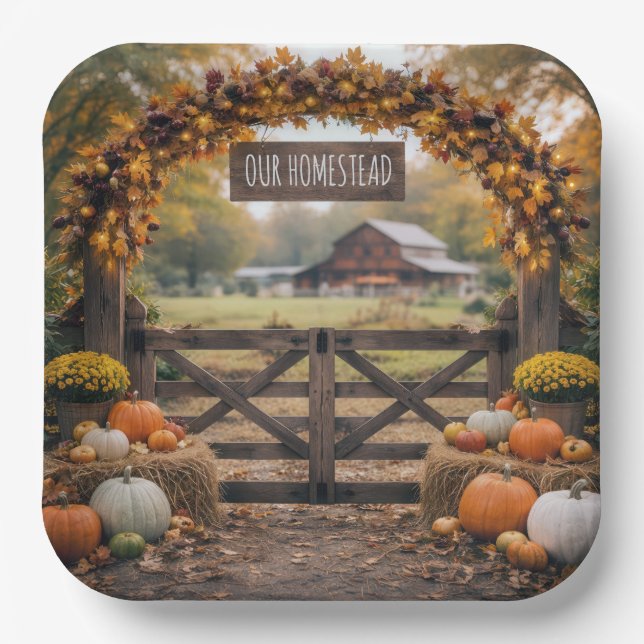 Farm Name on Autumn Gate Paper Plate (Front)