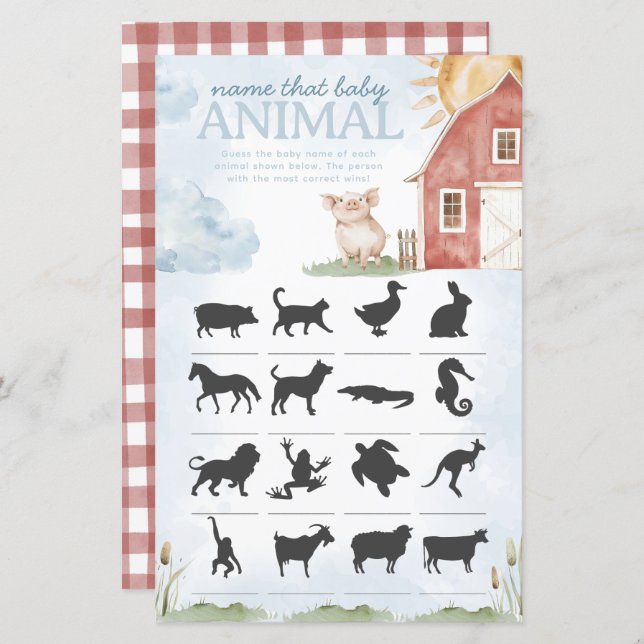 Farm Name that Animal Baby Shower Game (Front/Back)