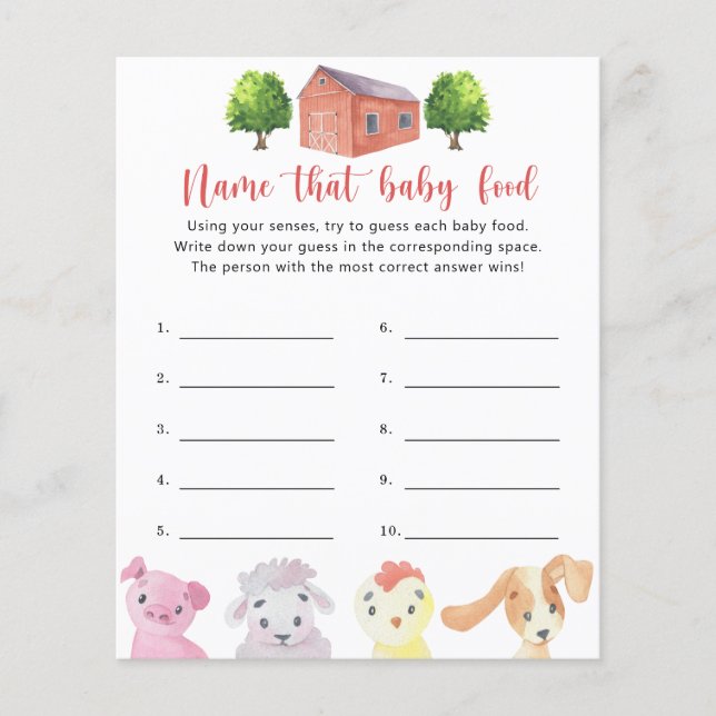 Farm - Name that baby Food shower game (Front)