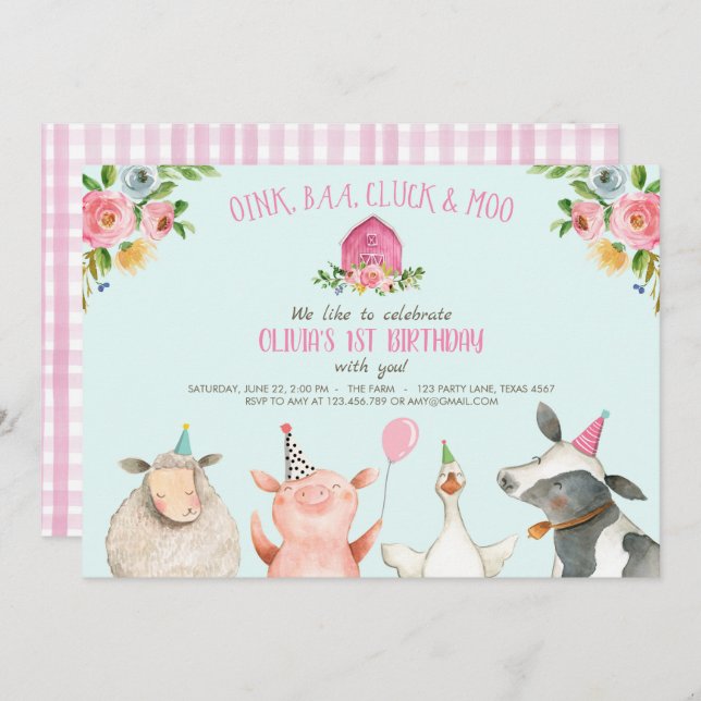 Farm Old MacDonald Barnyard Pink Animals Party Invitation (Front/Back)