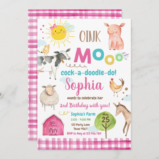 Farm Old MacDonald Barnyard Pink Animals Party Invitation (Front/Back)