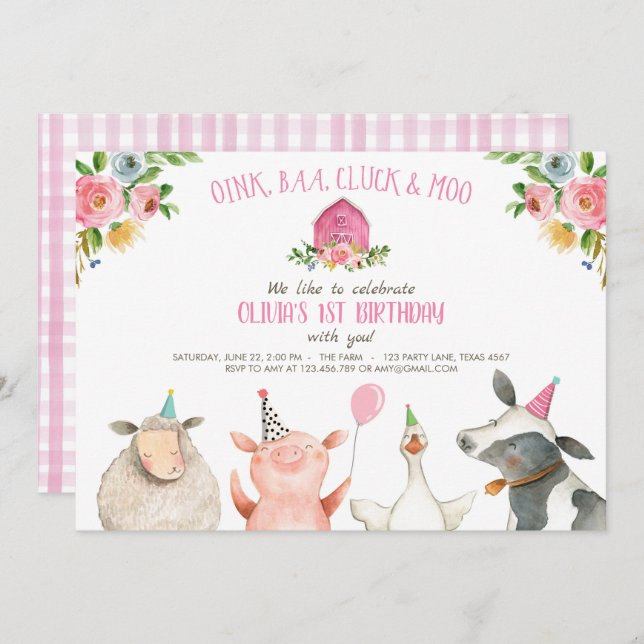Farm Old MacDonald Barnyard Pink Animals Party Invitation (Front/Back)