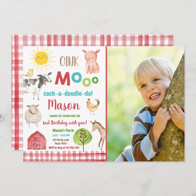 Farm Old MacDonald Barnyard Red Animals Party Invitation (Front/Back)