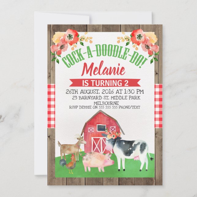 Farm or Barnyard Floral Birthday Invitation (Front)