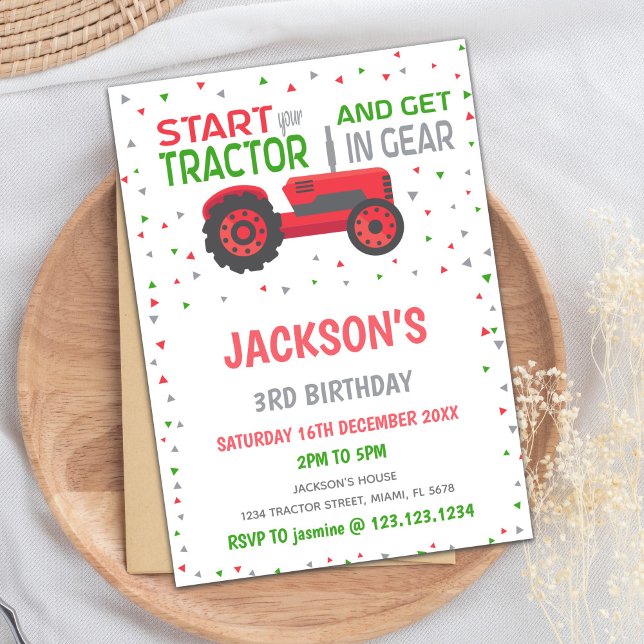 Farm Party Card for Toddlers & Kids (Red Tractor Birthday Invitations)