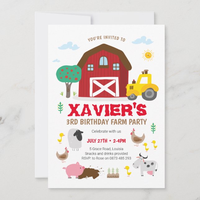 Farm party invitation, farm birthday invitation (Front)