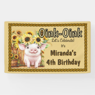 Farm Pig Sunflowers Barnyard 4th Birthday Banner