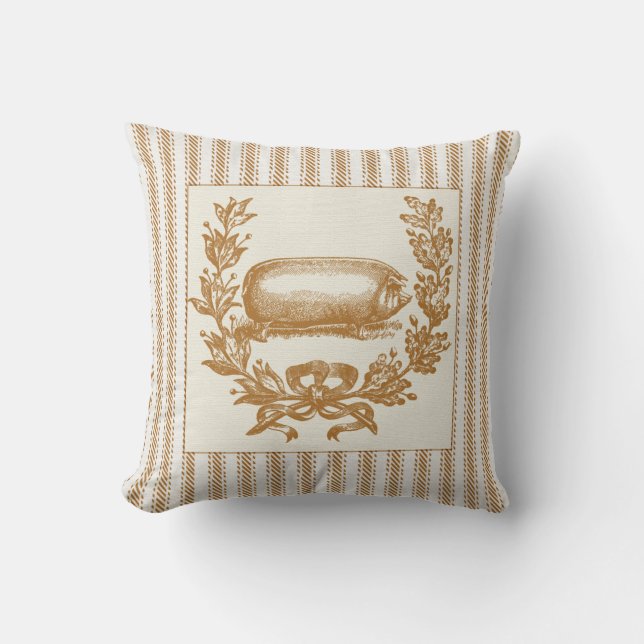 Farm Pig with Wreath on Brown Ticking Cushion (Front)