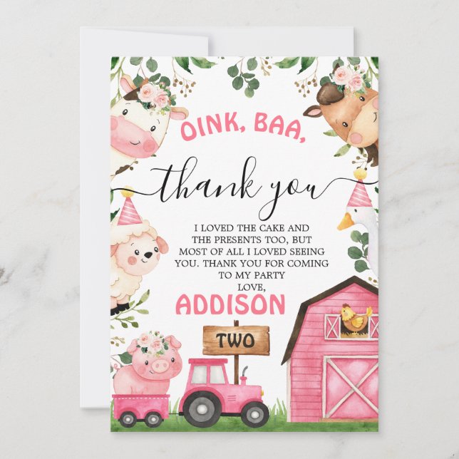 Farm Pink Barn Tractor Birthday Thank You Card (Front)