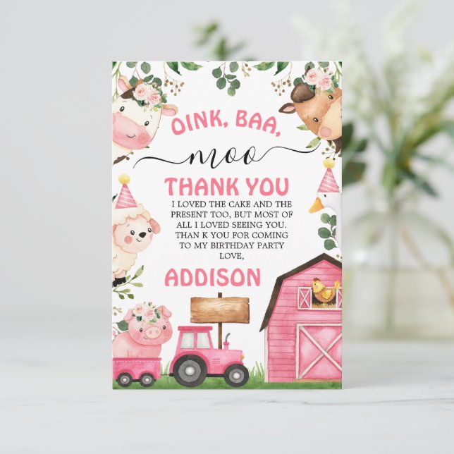 Farm Pink Barn Tractor Birthday Thank You Card (Standing Front)