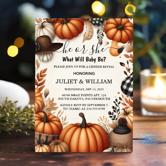 Farm Pink Blue Fall Girl Pumpkin Gender Reveal Invitation (Creator Uploaded)