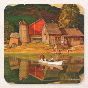 Farm Pond Landscape by Mead Schaeffer Square Paper Coaster