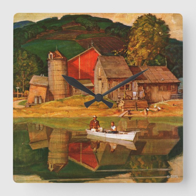 Farm Pond Landscape by Mead Schaeffer Square Wall Clock (Front)