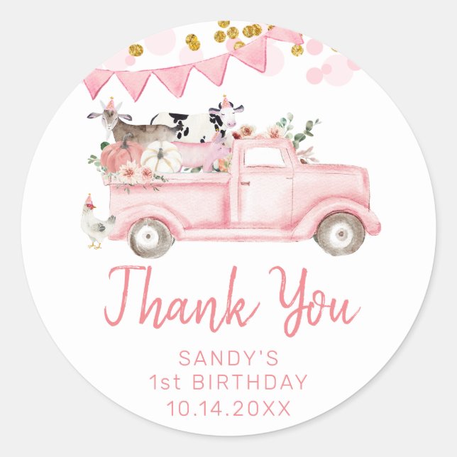 Farm Pumpkin Pink Truck Drive By Thank You Classic Round Sticker (Front)