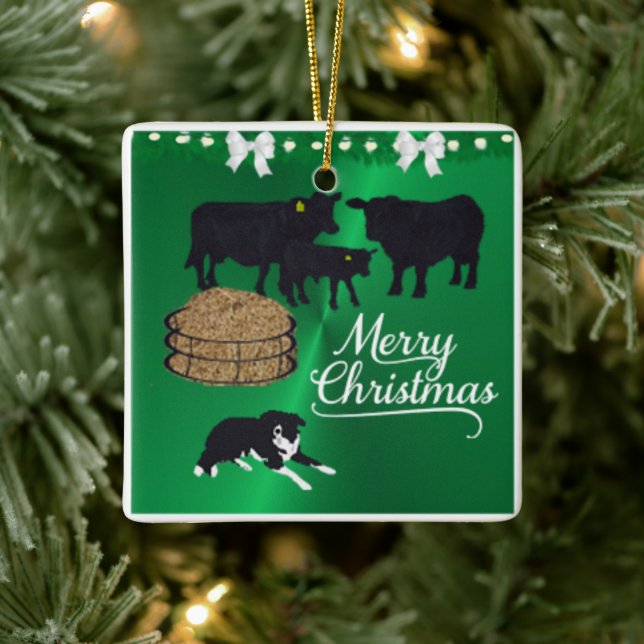 Farm Ranch Black Angus Cattle And Dog Christmas Ceramic Ornament (Tree)