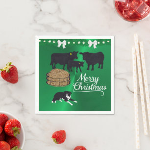 Farm Ranch Black Angus Cattle And Dog Christmas Napkin