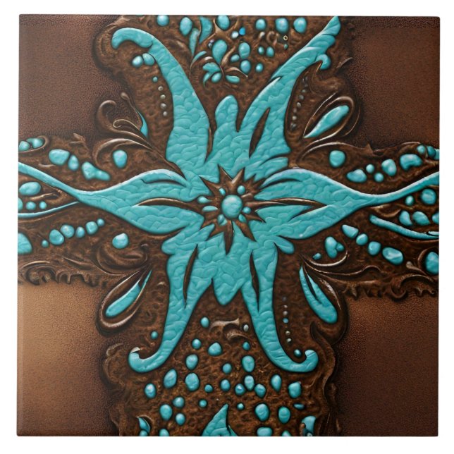 Farm Ranch Brown Turquoise Western Country Pattern Tile (Front)