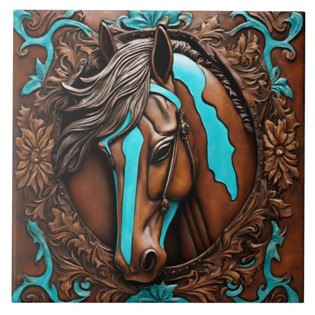 Farm Ranch Western Country Turquoise Brown Horse  Tile (Front)