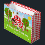 Farm Red Barn African American Girl Happy Birthday Large Gift Bag<br><div class="desc">This cute and fun gift bag can be personalised with a name or title such as daughter, granddaughter, niece, friend etc. It features a brown hair girl with dark skin beside a red barn with a rooster wind vane. There are adorable farm animals such as a cow, pig and hen....</div>