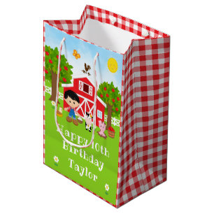 Farm Red Barn Black Hair Boy Happy Birthday Medium Gift Bag