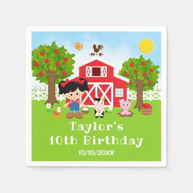 Farm Red Barn Black Hair Girl Birthday Party Napkin (Front)