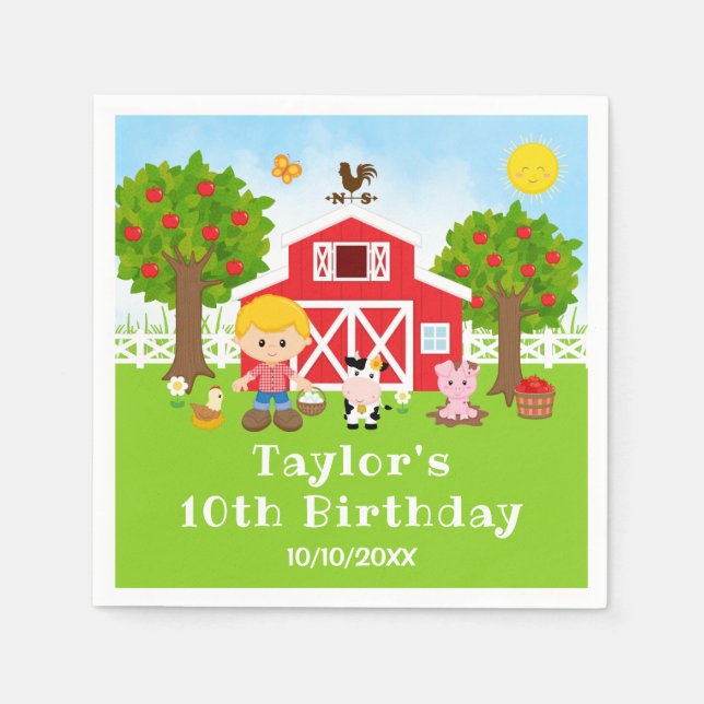 Farm Red Barn Blonde Hair Boy Birthday Party Napkin (Front)