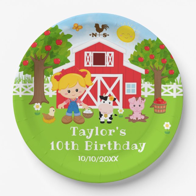 Farm Red Barn Blonde Hair Girl Birthday Party Paper Plate (Front)