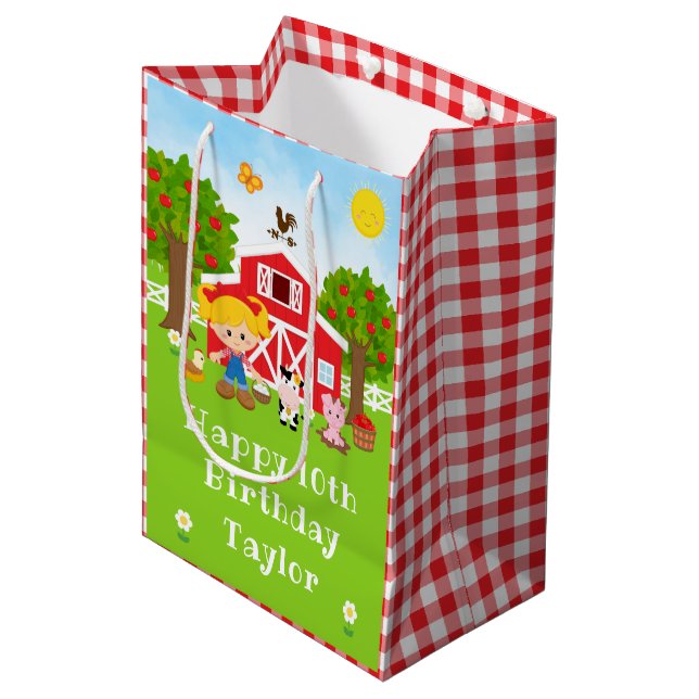 Farm Red Barn Blonde Hair Girl Happy Birthday Medium Gift Bag (Front Angled)