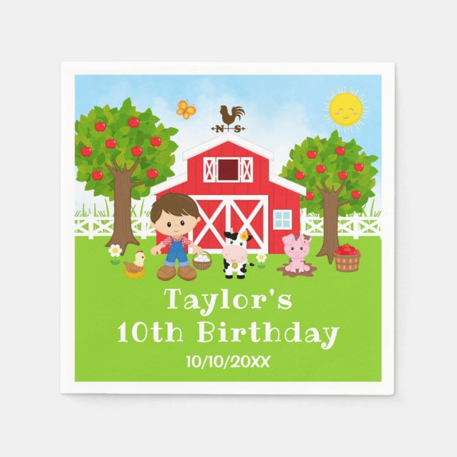 Farm Red Barn Brown Hair Boy Birthday Party Napkin (Front)