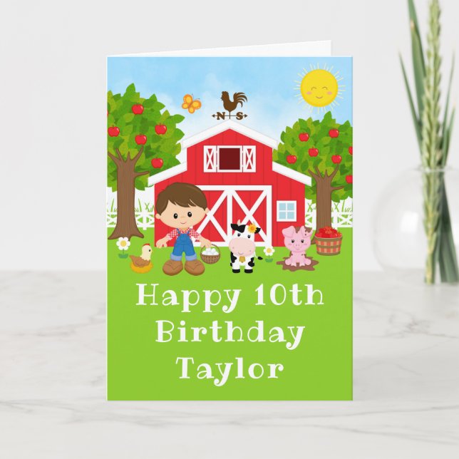 Farm Red Barn Brown Hair Boy Happy Birthday Card (Front)