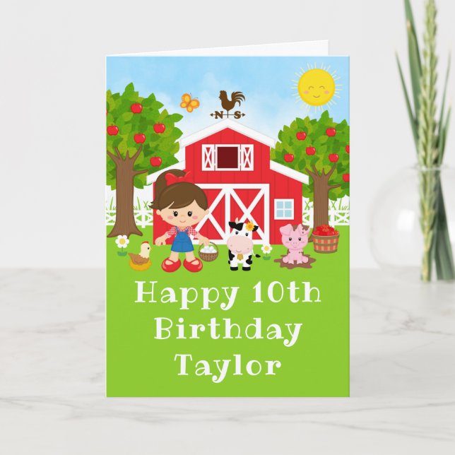 Farm Red Barn Brown Hair Girl Happy Birthday Card (Front)