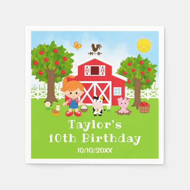 Farm Red Barn Red Hair Girl Birthday Party Napkin (Front)