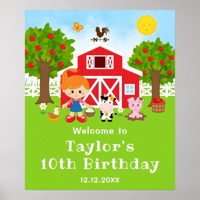 Farm Red Barn Red Hair Girl Birthday Welcome Poster (Front)