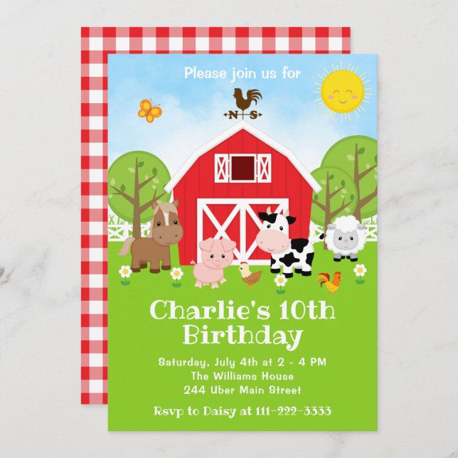 Farm Red Barnyard Animals Birthday Party Invitation (Front/Back)
