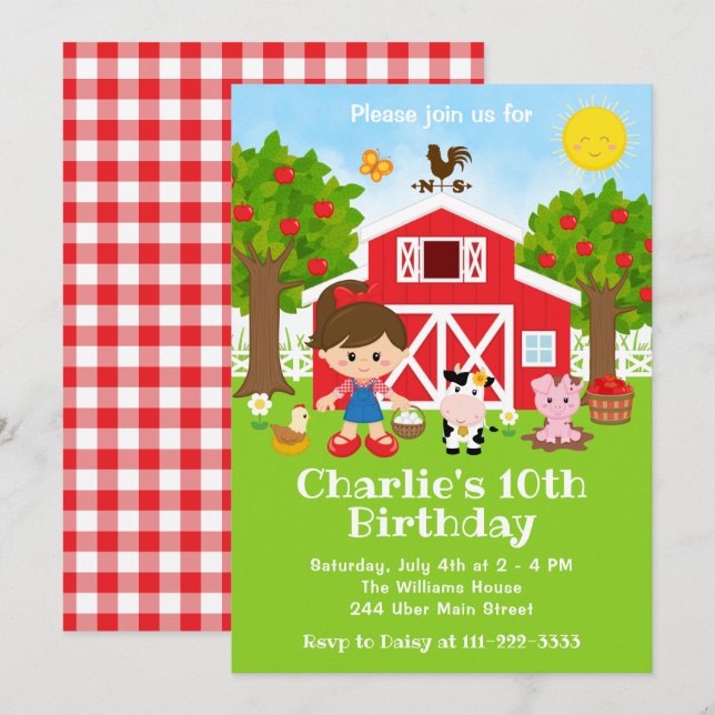 Farm Red Barnyard Birthday Brown Hair Girl Invitation (Front/Back)