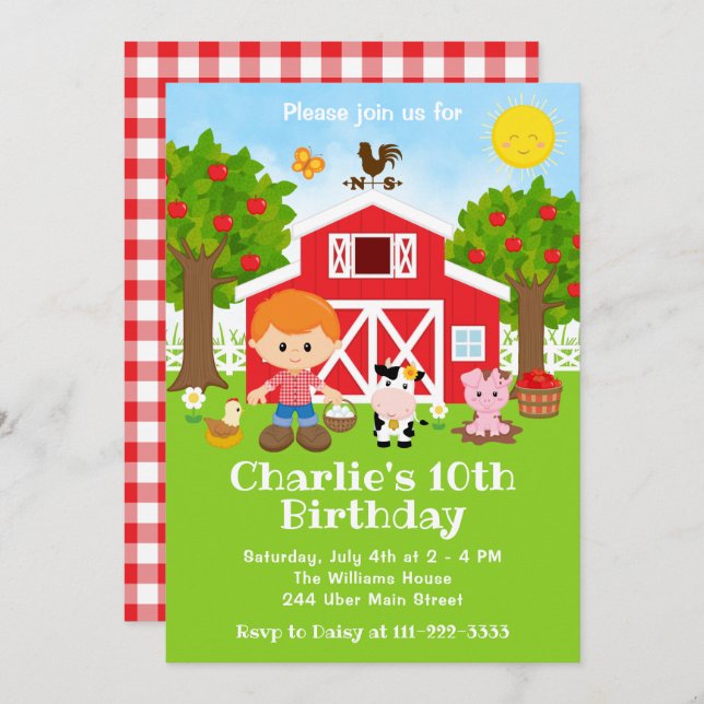 Farm Red Barnyard Birthday Red Hair Boy Invitation (Front/Back)