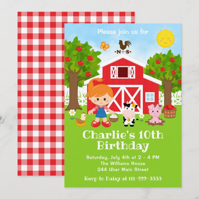 Farm Red Barnyard Birthday Red Hair Girl Invitation (Front/Back)