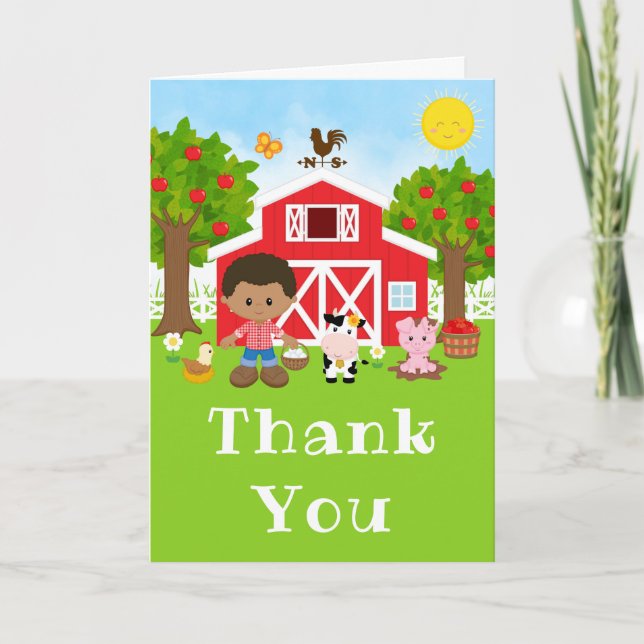 Farm Red Birthday African American Boy Thank You Card (Front)