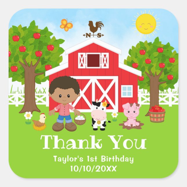 Farm Red Birthday African American Boy Thank You Square Sticker (Front)