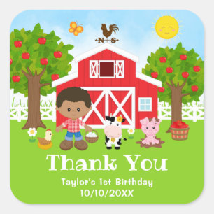 Farm Red Birthday African American Boy Thank You Square Sticker