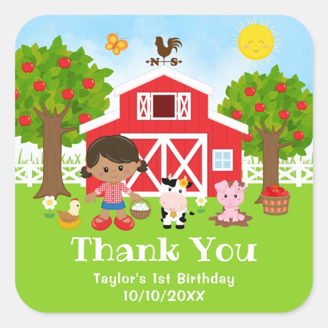 Farm Red Birthday African American Girl Thank You Square Sticker (Front)