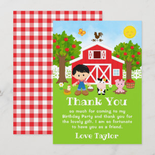Farm Red Birthday Black Hair Boy Thank You Card