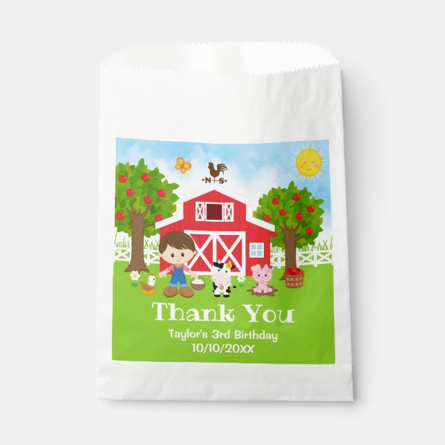 Farm Red Birthday Brown Hair Boy Thank You Favour Bags (Front)
