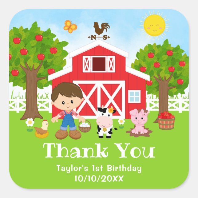 Farm Red Birthday Brown Hair Boy Thank You Square Sticker (Front)