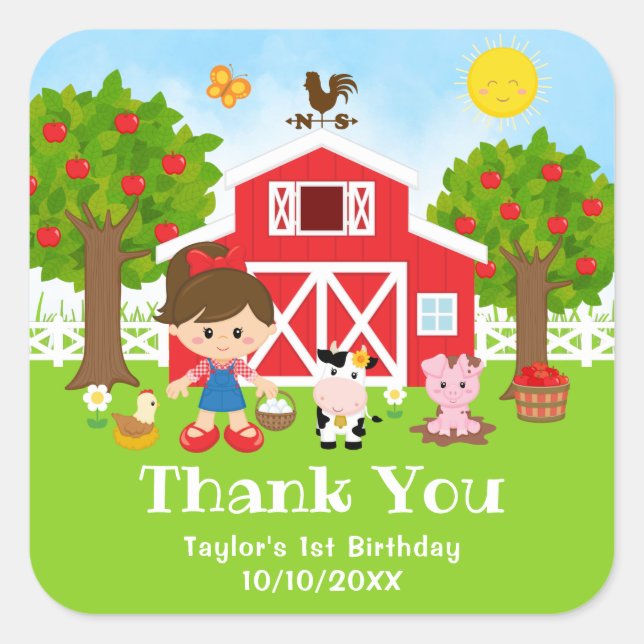 Farm Red Birthday Brown Hair Girl Thank You Square Sticker (Front)