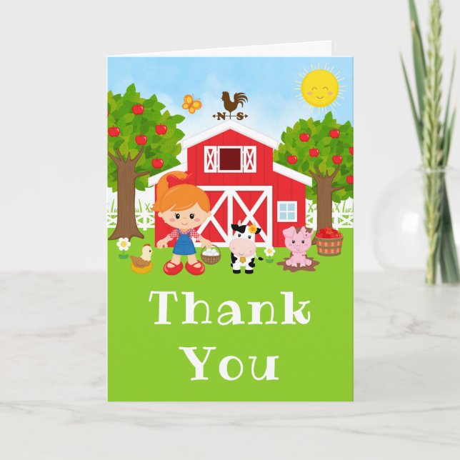 Farm Red Birthday Red Hair Girl Thank You Card (Front)