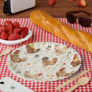 Farm Roosters Chickens Flowers Paper Plate