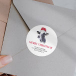 Farm Santa Cow Christmas Return Address Classic Round Sticker<br><div class="desc">Cute farm themed christmas holiday stickers featuring a watercolor cow wearing a santa hat,  the saying "merry christmas",  your family name,  and the return address.</div>