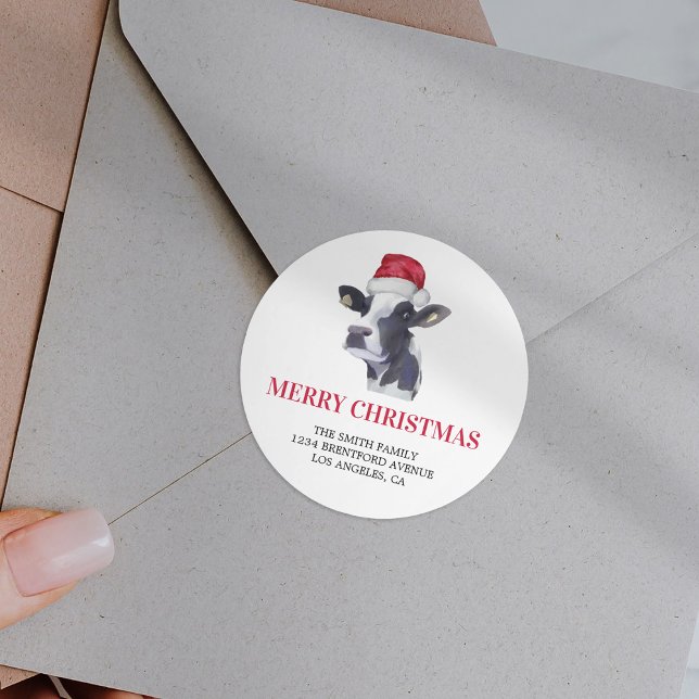 Farm Santa Cow Christmas Return Address Classic Round Sticker (Creator Uploaded)